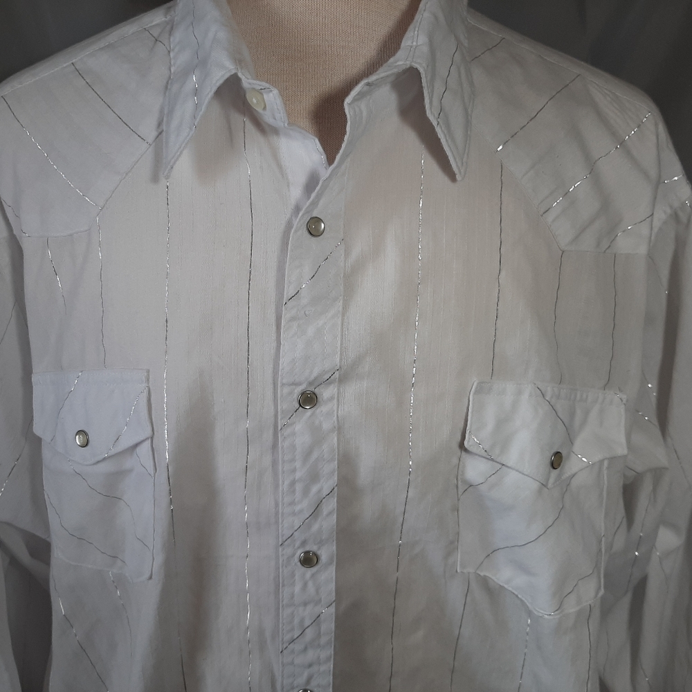 Wrangler Wrancher 3XL Men's Pearl Snap Long Sleeve White/Silver Stripe